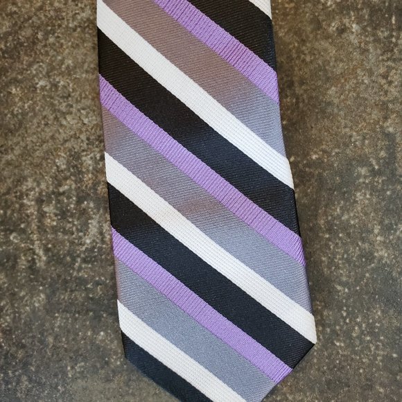 Youth Boy Clip On Tie, Gray, Black, Purple, White Stripe - Picture 4 of 8
